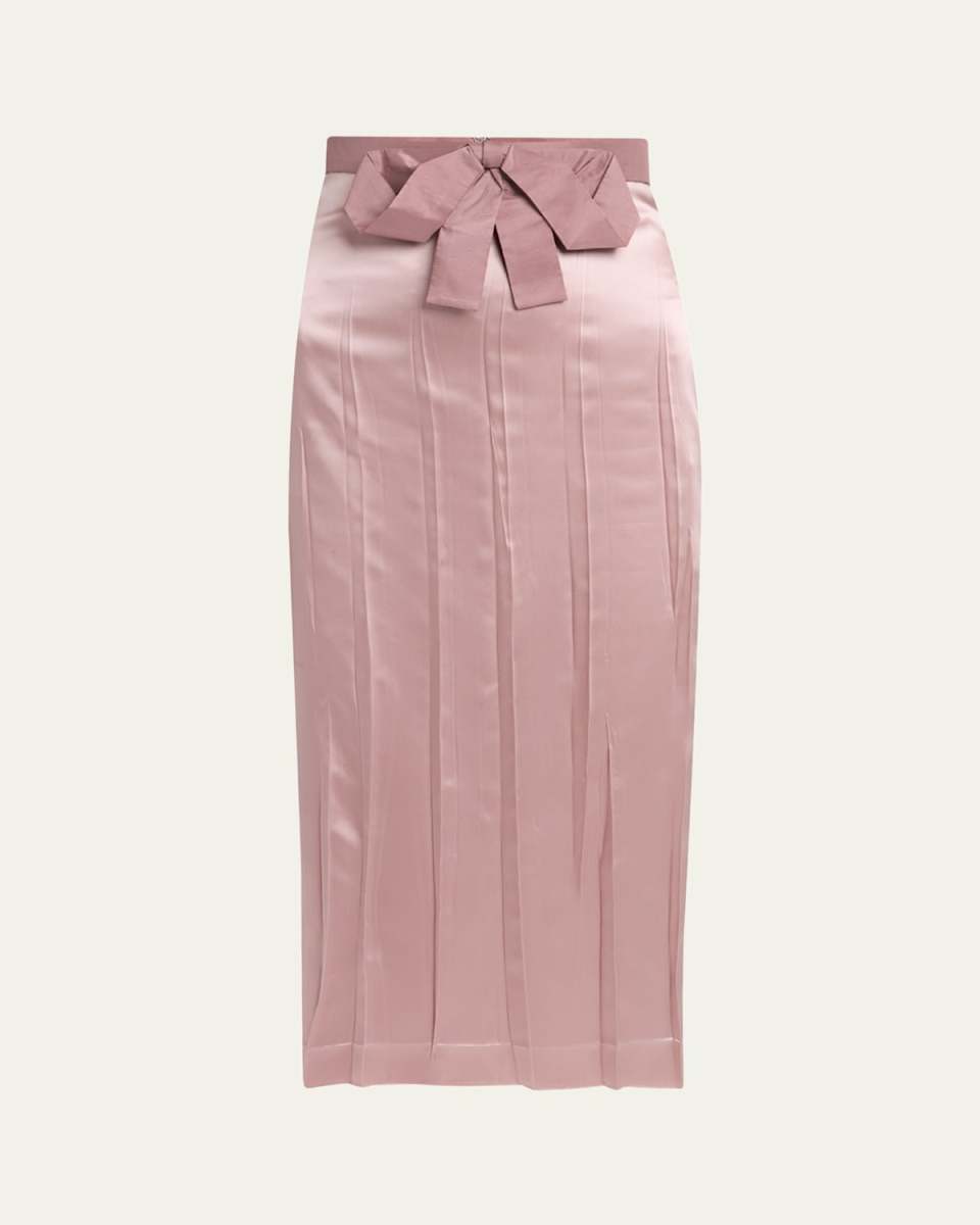 Bow Pleated Satin Midi Skirt